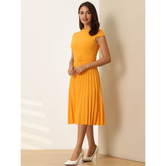Pleated Dress Mock Neck Cap Sleeve Belted A-Line Dresses Yellow - Picture 3 of 6